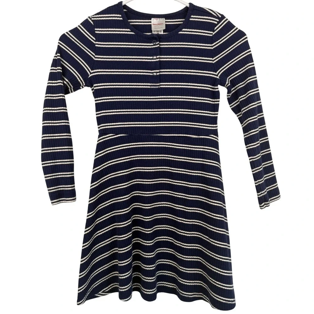 Hanna Andersson Girls Blue White Stripe Knit Ribbed Henley‎ Dress Size 130 US 8